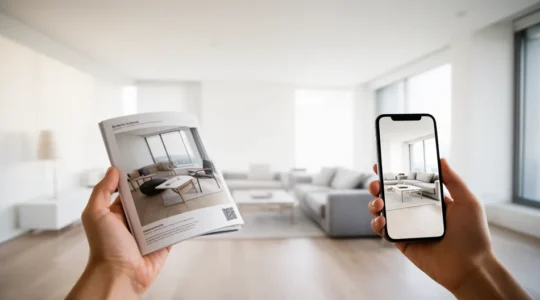Espace de vie moderne avec réalité augmentée et catalogue physique intégrant l'expérience virtuelle de meubles