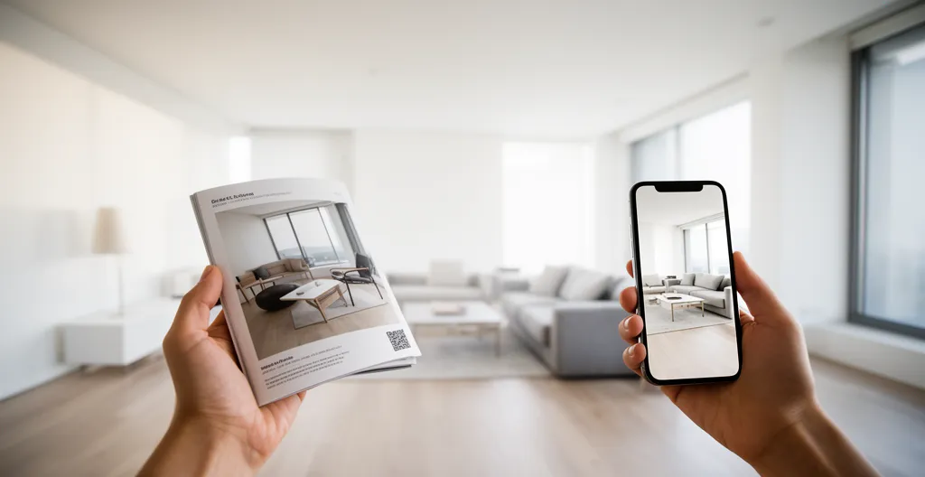 Espace de vie moderne avec réalité augmentée et catalogue physique intégrant l'expérience virtuelle de meubles