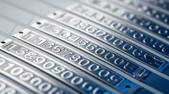 Vue macro d'une série d'étiquettes industrielles métallisées avec numérotation séquentielle visible en relief
