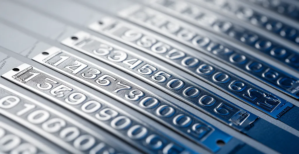 Vue macro d'une série d'étiquettes industrielles métallisées avec numérotation séquentielle visible en relief