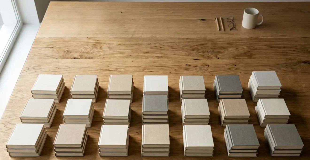 Vue en plongée d'un bureau d'auteur avec cinquante exemplaires d'un livre empilés en petites tours créant un motif géométrique sur une table en bois