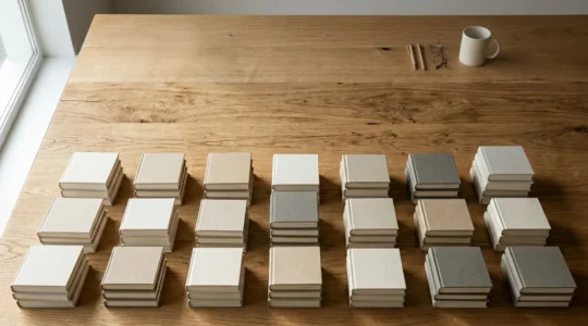 Vue en plongée d'un bureau d'auteur avec cinquante exemplaires d'un livre empilés en petites tours créant un motif géométrique sur une table en bois