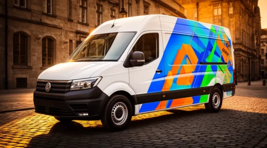 Véhicule utilitaire professionnel avec marquage publicitaire circulant en zone urbaine