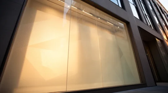 Vue d'une vitrine commerciale moderne équipée d'un film vinyle microperforé créant un effet de transparence depuis l'intérieur