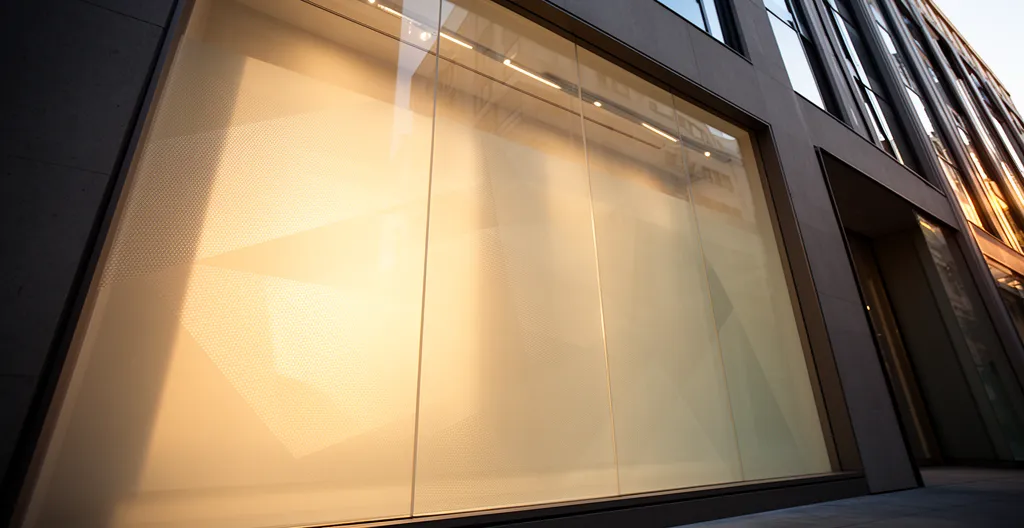 Vue d'une vitrine commerciale moderne équipée d'un film vinyle microperforé créant un effet de transparence depuis l'intérieur