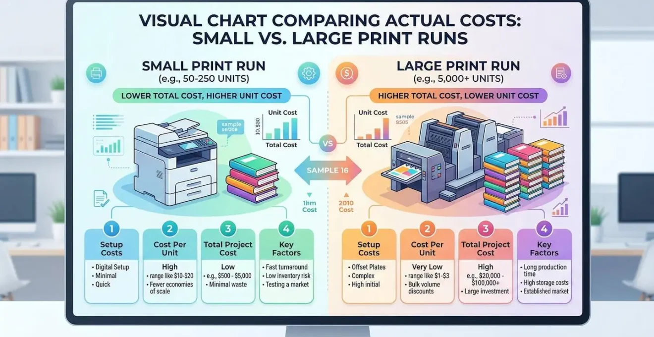 Graphique visuel comparant les coûts réels entre petites et grandes séries d'impression