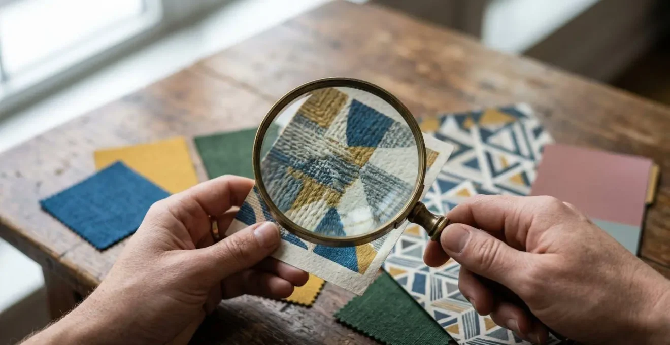 Mains analysant des documents de marque sur une table avec loupe et échantillons de couleurs