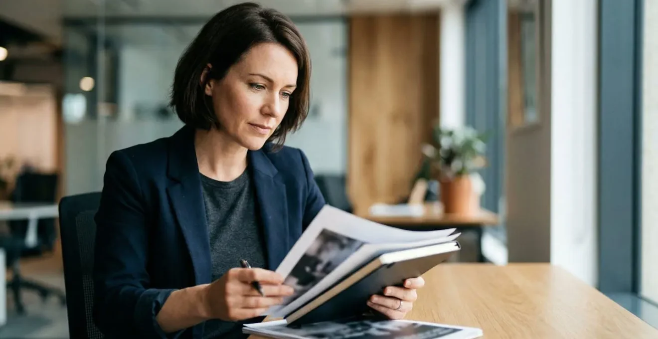 Professionnel examinant des documents de marque avec attention dans un bureau moderne
