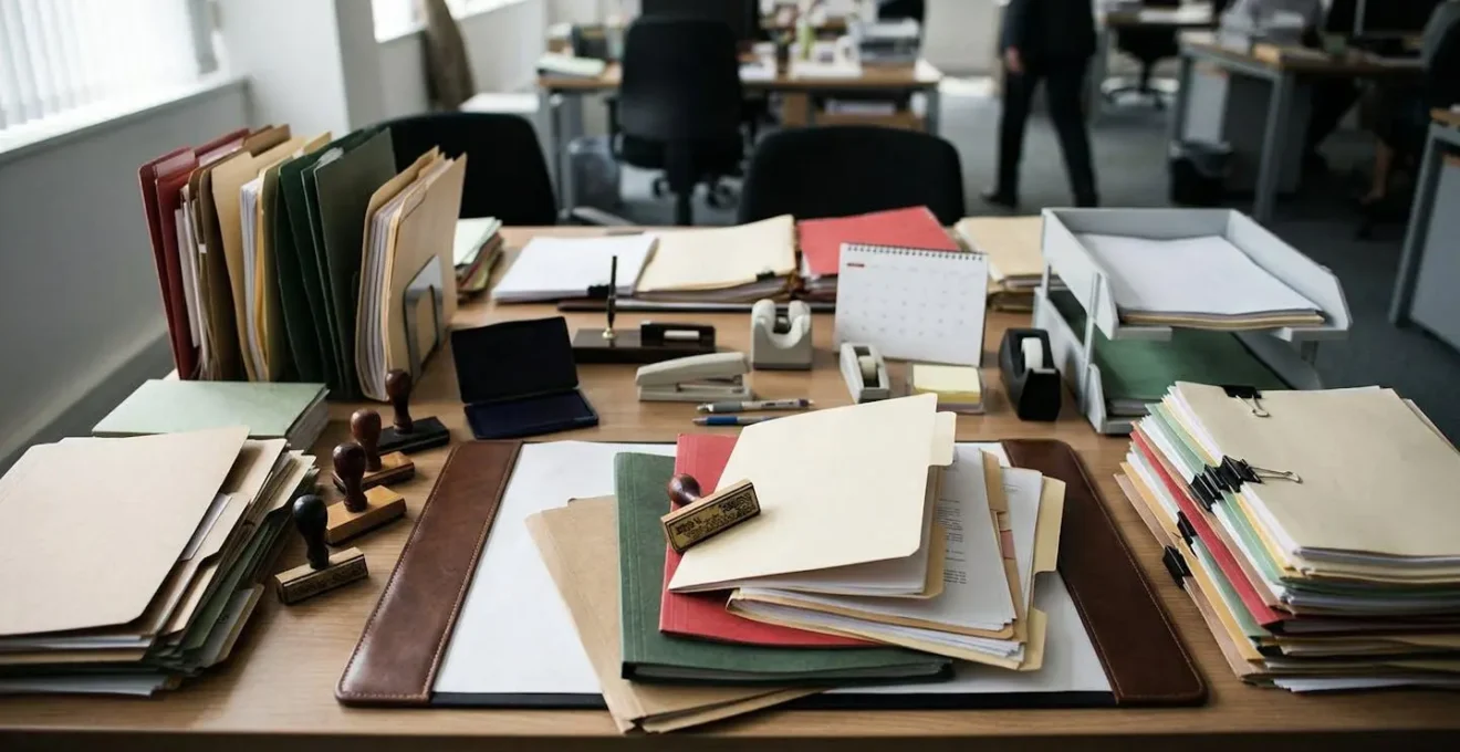 Bureau administratif avec documents officiels et tampons pour déclarations en mairie