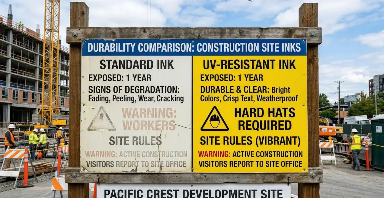 Panneau de chantier montrant la différence de durabilité entre encres