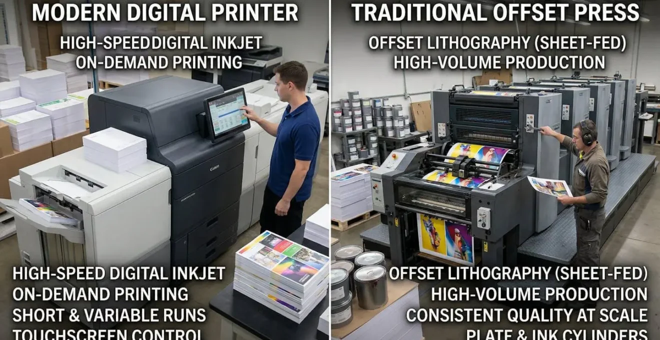 Comparaison visuelle entre une imprimante numérique moderne et une presse offset traditionnelle