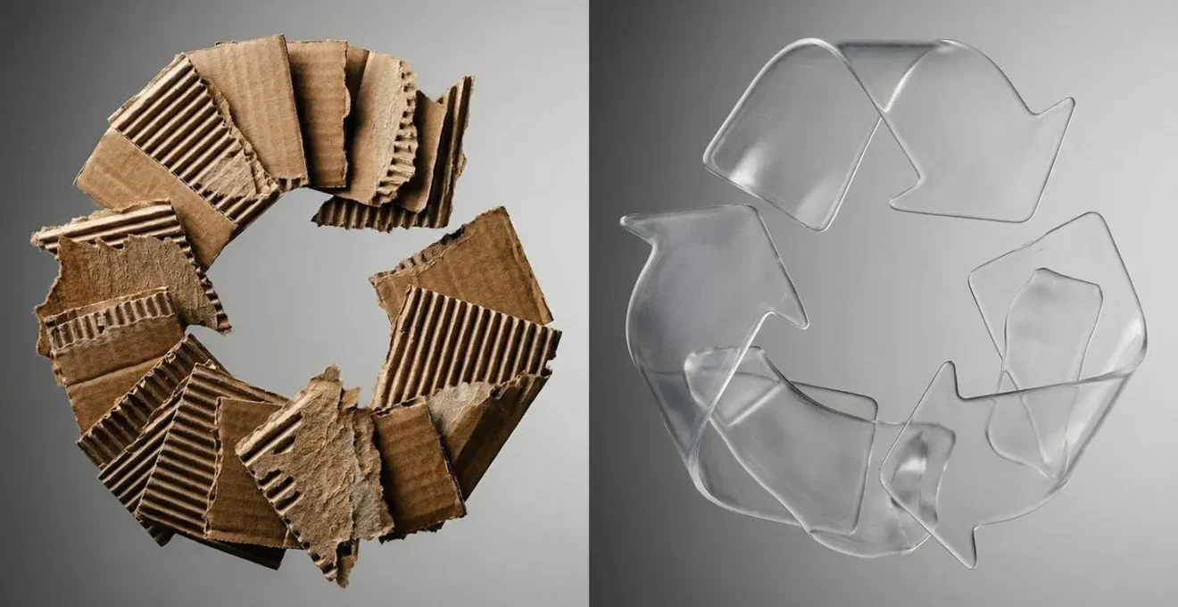 Comparaison visuelle du cycle de vie du carton recyclé versus bioplastique pour l'alimentaire
