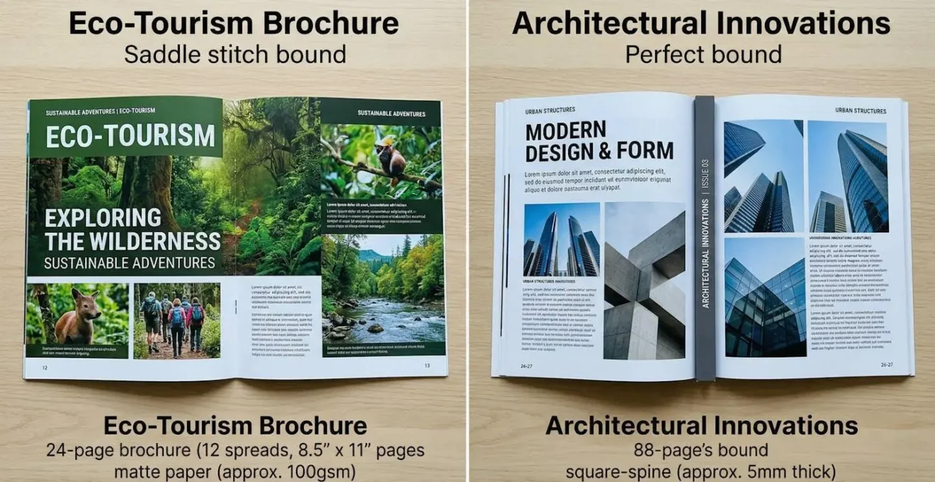 Vue comparative montrant deux brochures côte à côte, l'une avec piqûre à cheval ouverte à plat et l'autre en dos carré collé avec une tranche visible