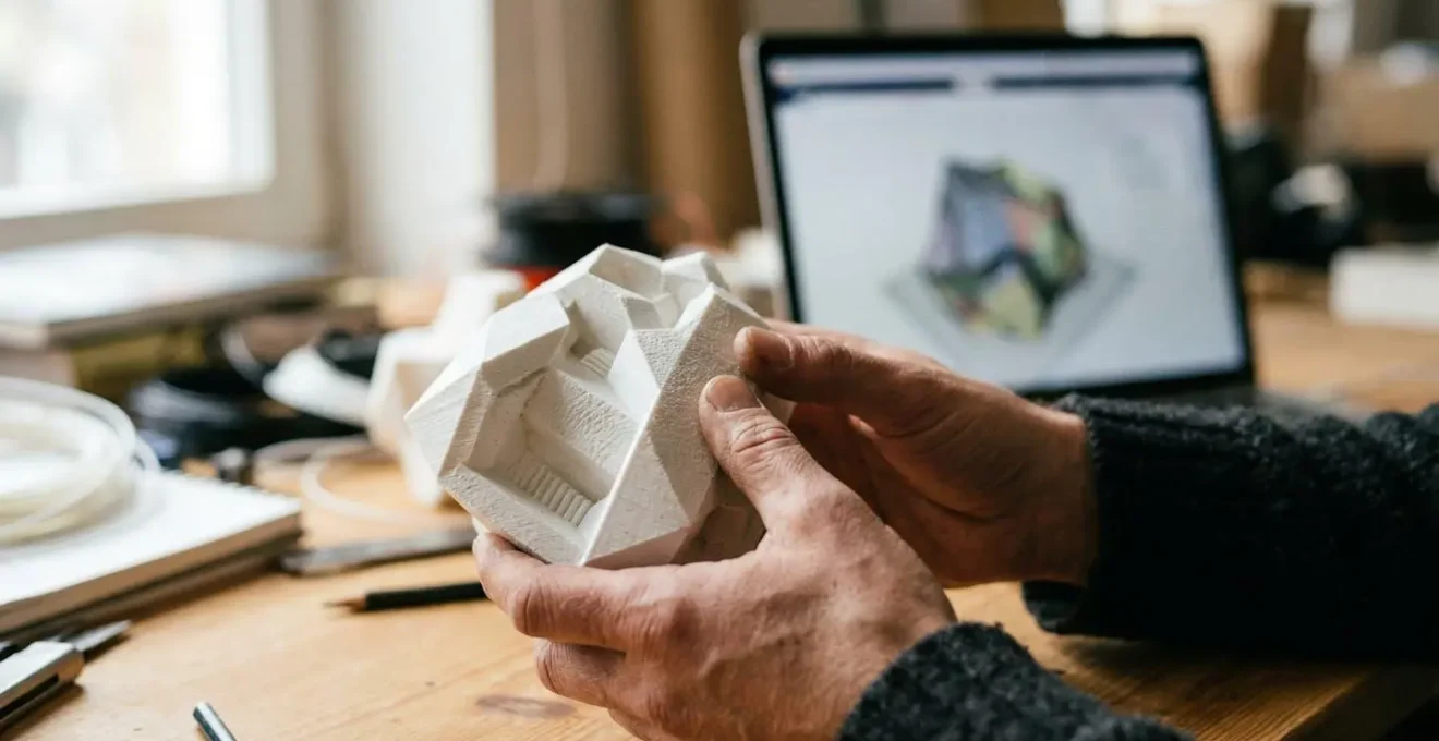 Main manipulant un prototype physique à côté d'une représentation holographique virtuelle du même objet