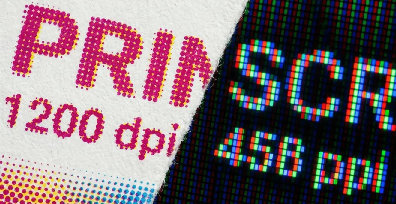 Vue macro montrant la différence de résolution entre pixels écran et points d'impression
