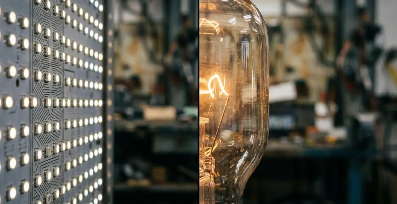 Comparaison visuelle entre technologie LED et néon traditionnel dans un atelier