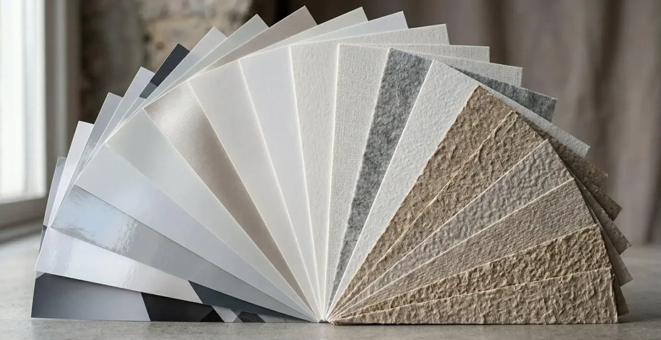 Échantillons de différents types de papier d'impression disposés en éventail