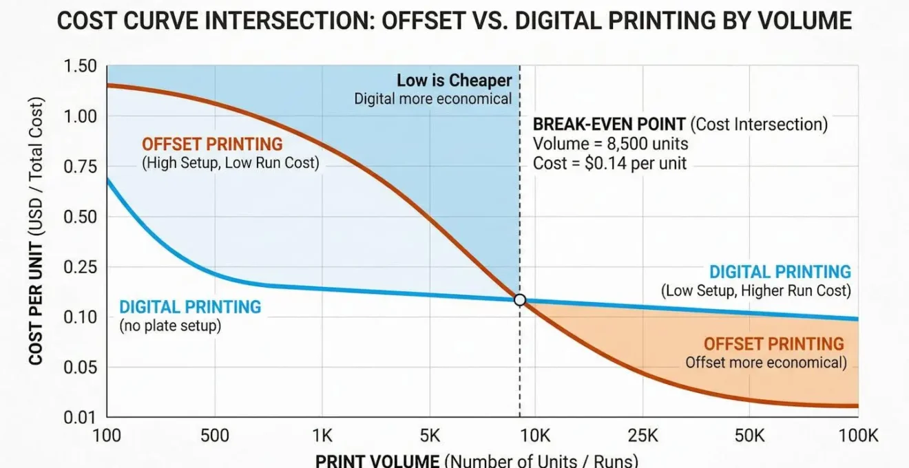 Graphique montrant le point de croisement des courbes de coût entre offset et numérique selon le volume