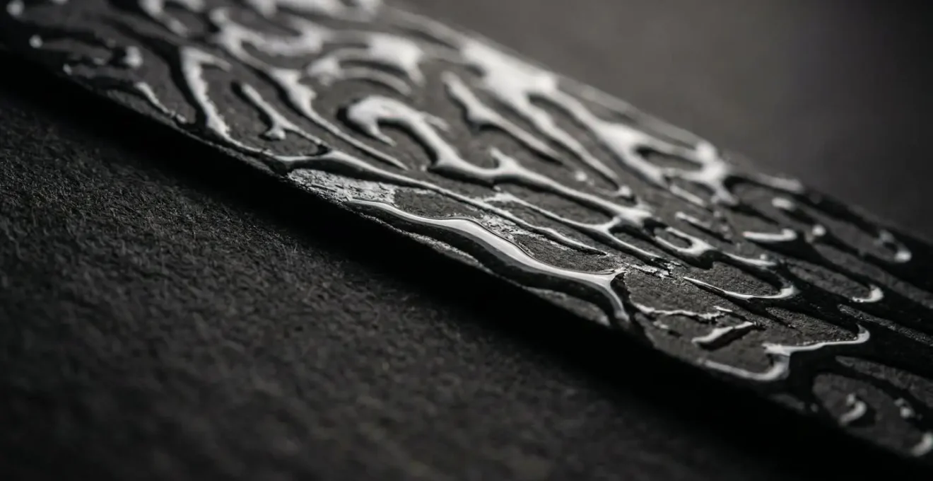 Vue macro d'un relief de vernis 3D sur surface mate montrant la texture et la brillance