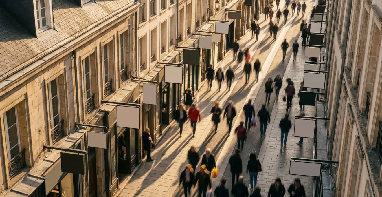 Vue aérienne d'une rue commerçante montrant l'impact visuel des enseignes perpendiculaires