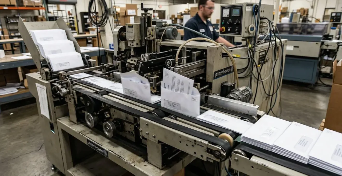 Vue latérale d'une machine de mise sous pli avec enveloppes en mouvement