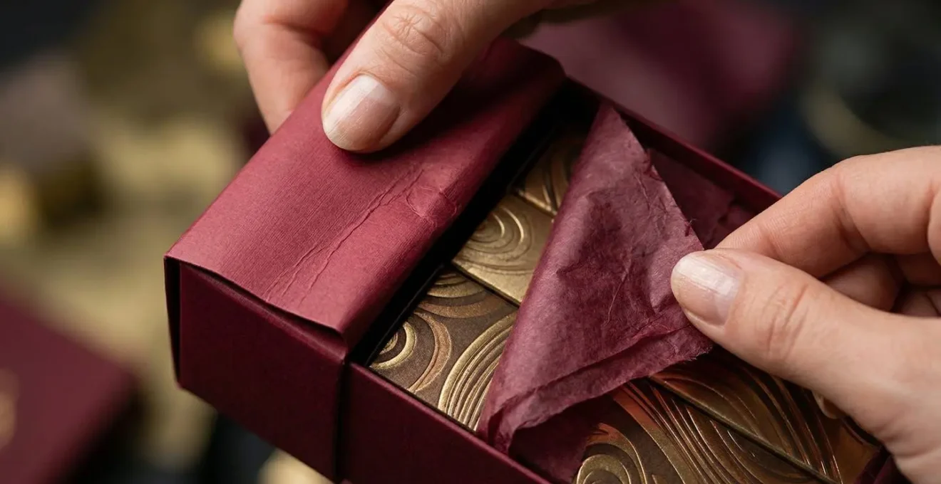 Mains ouvrant délicatement un emballage de luxe avec papier de soie et finitions dorées