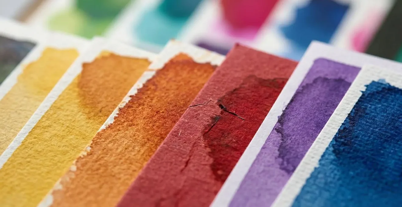 Vue macro de nuanciers d'impression et échantillons de papier montrant les subtilités techniques