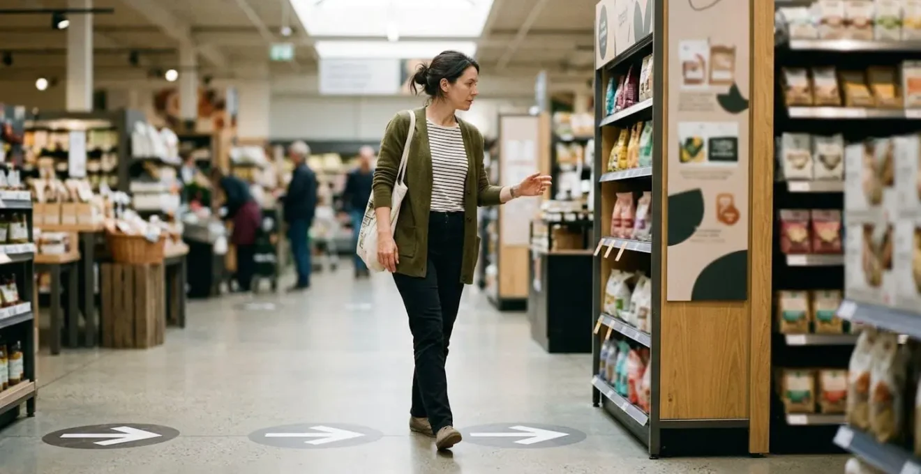 Signalétique au sol guidant un client vers un élément vertical promotionnel dans un magasin