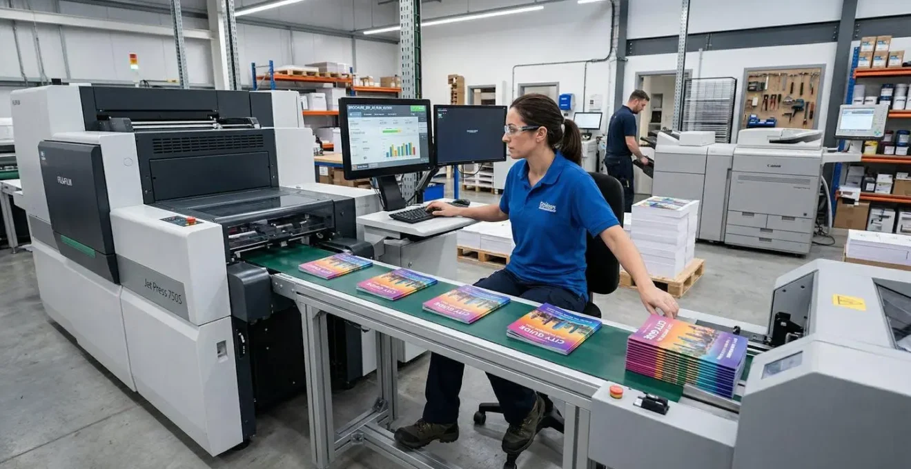Atelier d'impression numérique moderne avec opérateur contrôlant une petite série de brochures