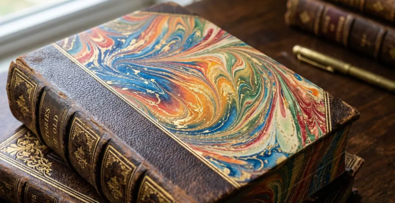Gros plan sur la tranche dorée et colorée d'un livre relié montrant l'effet du jaspage avec des dégradés de couleur