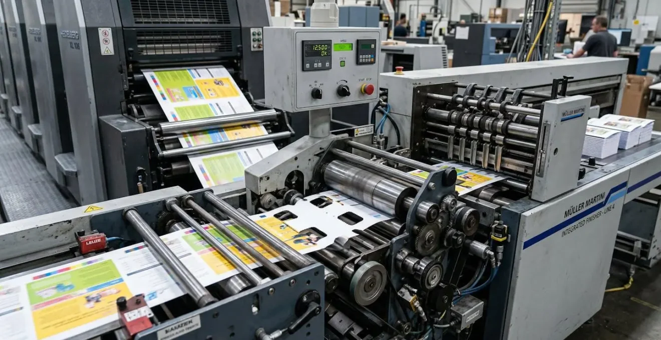 Gros plan sur une machine de finition en ligne intégrée à une presse d'impression