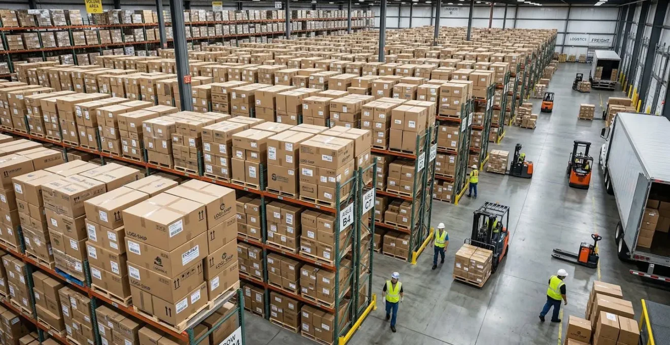 Vue d'ensemble d'une palette de cartons d'impressions empilés dans un entrepôt, illustrant le volume logistique.