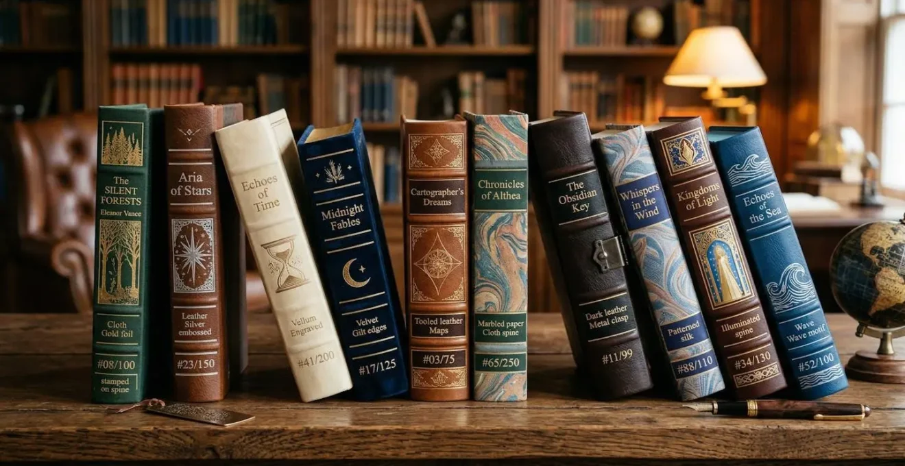 Collection de livres numérotés en édition limitée disposés artistiquement