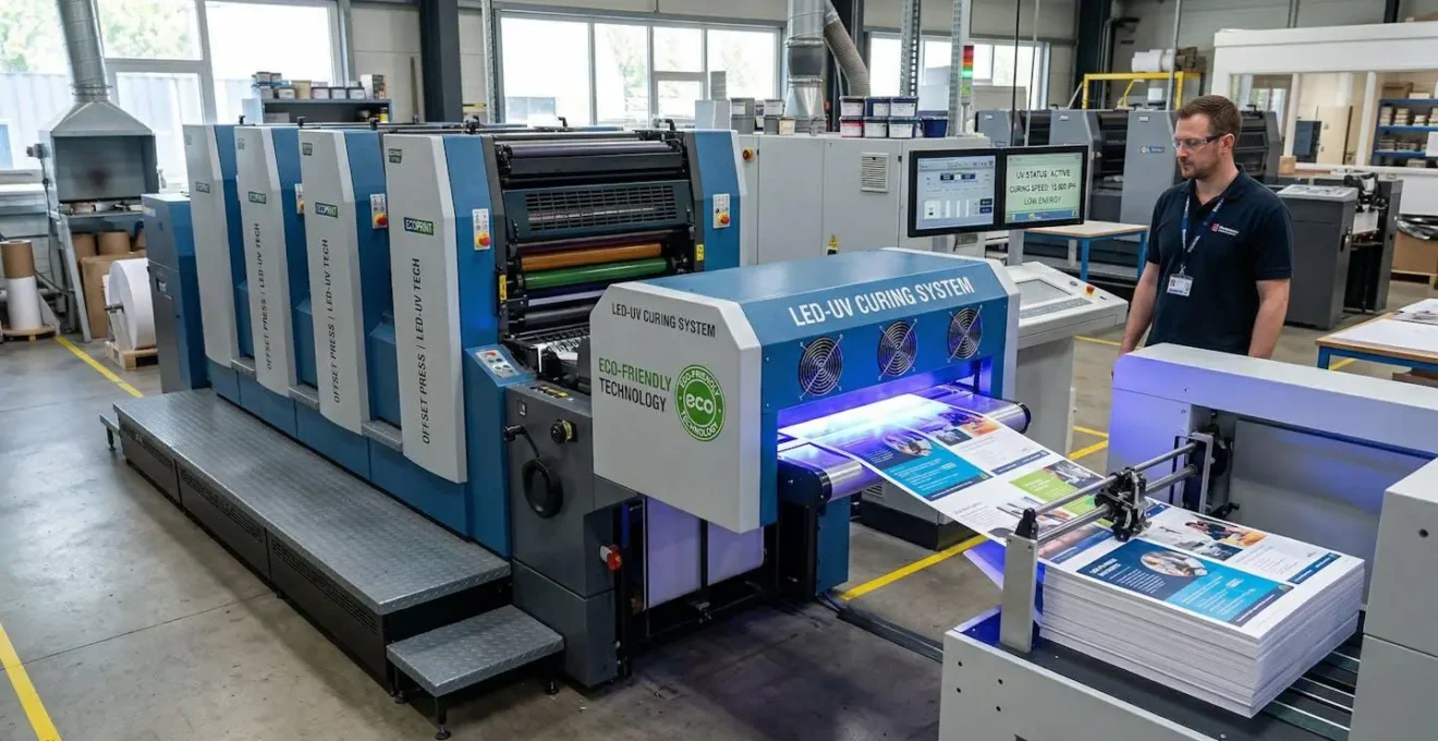 Vue d'une presse offset équipée de technologie LED-UV écologique