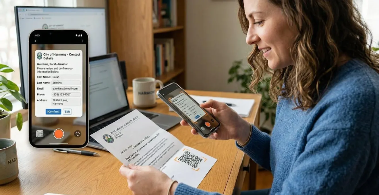 Main scannant un QR code personnalisé sur un courrier avec un smartphone montrant un formulaire pré-rempli