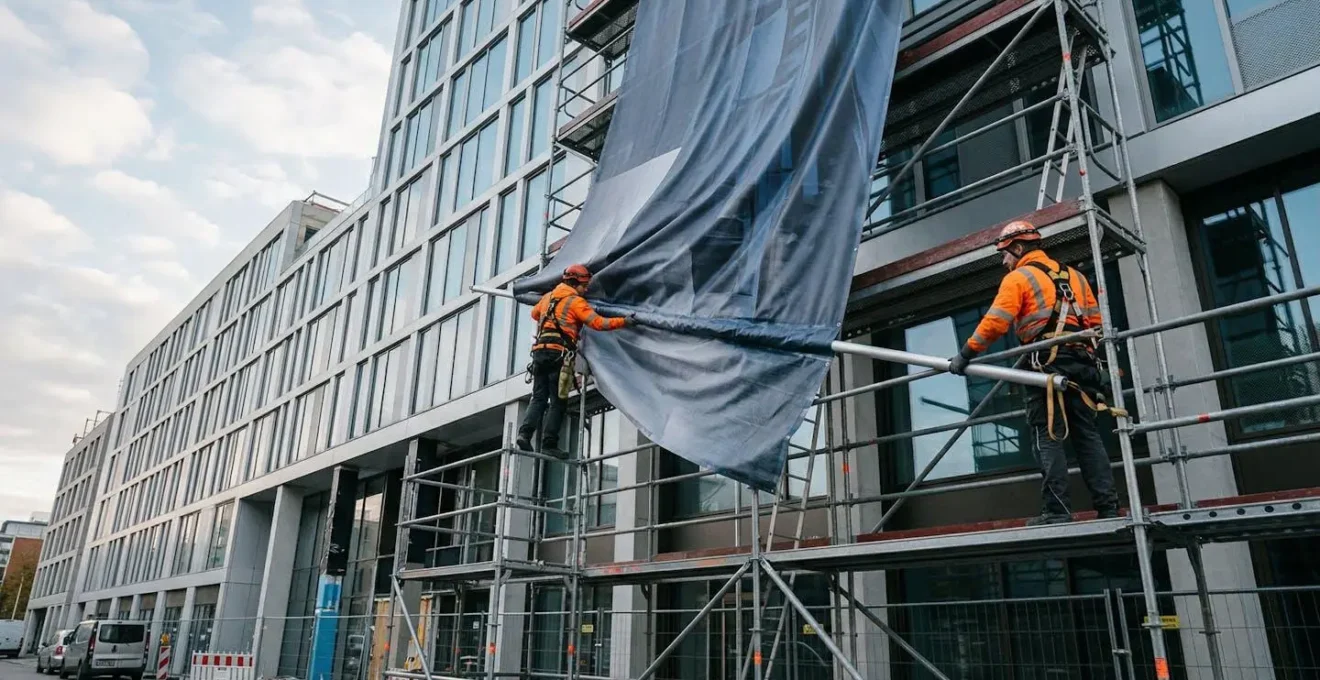 Installation d'une bâche avec système de fourreaux et barres de tension sur un échafaudage