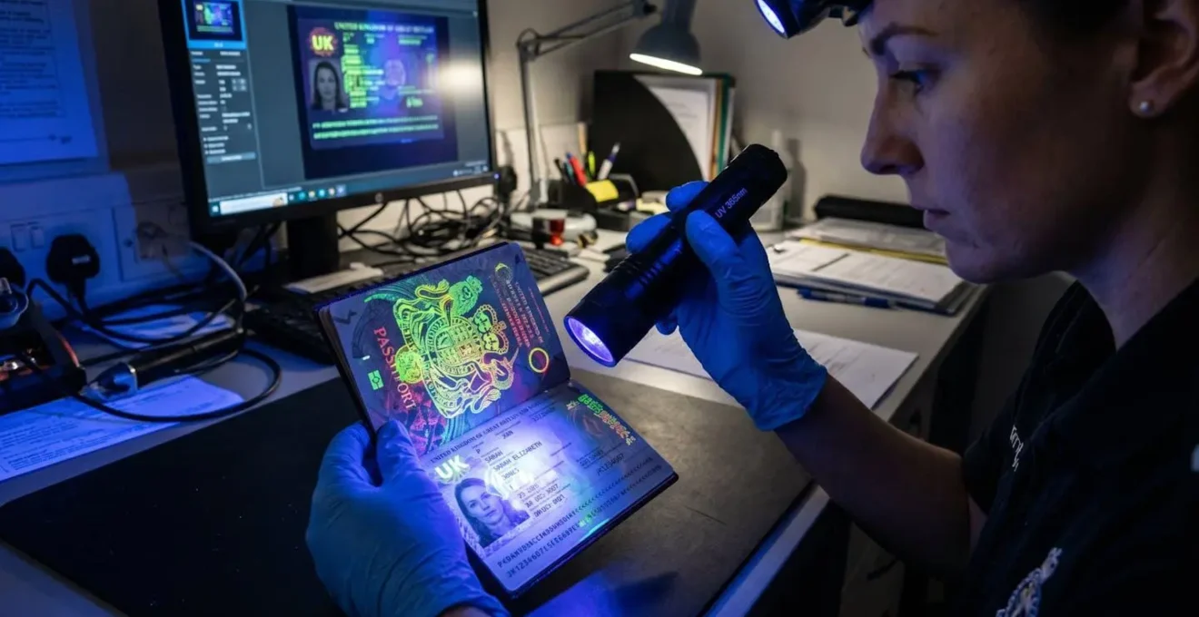 Vérification d'un document sous lumière UV révélant des motifs de sécurité invisibles