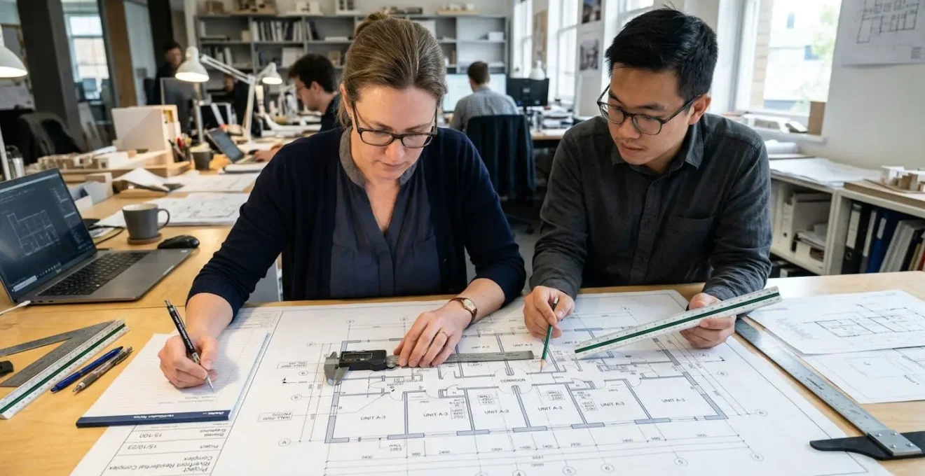 Vérification minutieuse de l'échelle d'un plan d'architecte avec outils de mesure