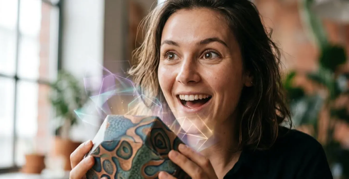 Jeune personne découvrant une expérience de réalité augmentée ludique avec un packaging innovant