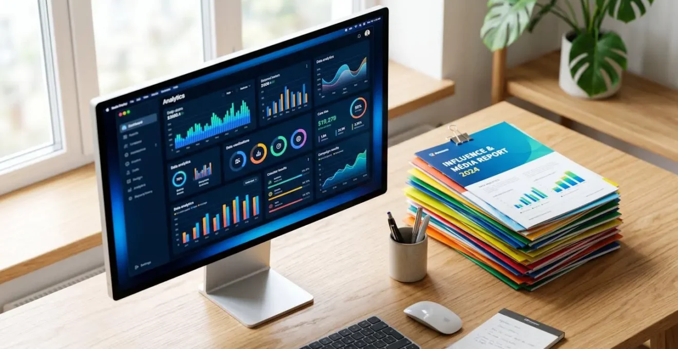 Bureau moderne avec écran et documents imprimés, symbolisant la complémentarité print et digital.